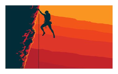 Gün batımında siluetli dağcı pulları uçuruma çıkar. Macera, güç ve açık havada taşınır. Kaya tırmanışı silueti, çarpıcı gün batımı gradyanı, azmi, sporu, meydan okumayı betimliyor. Dinamik