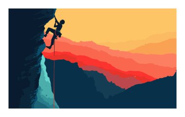 Siluetli dağcı gün batımında dik kayalıklara tırmanıyor. Turuncu gökyüzüne karşı kaya tırmanışı macerası. Extreme spor meraklısı engebeli dağlık arazi alacakaranlığı ile mücadele ediyor.