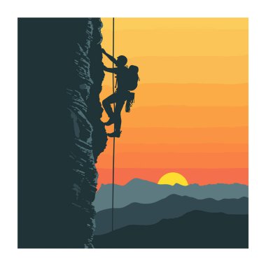 Silüet tırmanıcı, günbatımı renklerine karşı dik uçurum turuncu sarısı. Tırmanmak, halat bağlamak, arka plan katmanlı dağlara karşı güneş batarken. Altın saat boyunca maceralı bir aktivite