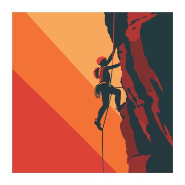 Yükselen kayalık yüzey, batan güneş. Dişi dağcı iple tırmanıyor, tırmanmaya hazırlanıyor. Kaya tırmanışı macerası, günbatımında zirveye ulaşmak