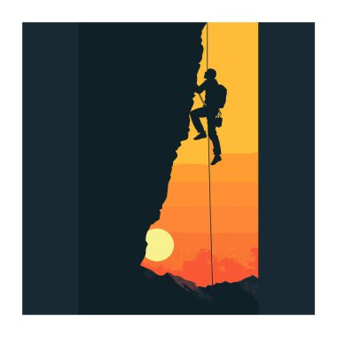 Siluetli dağcı gün batımına karşı yükseliyor. Altın saat boyunca kayalıklara tırmanan adam. Ekstrem macera spor silueti sanat eserleri