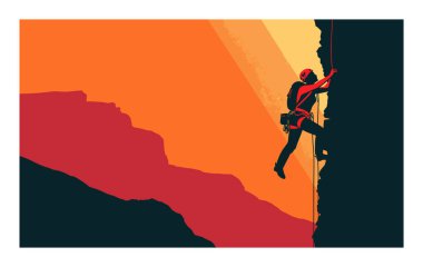 Gün batımında dik kaya yüzeyine tırmanan tırmanıcı, halat, koşum takımı, güvenlik teçhizatı kullanıyor. Erkek dağcı, turuncu gökyüzüne karşı aşırı tırmanma aktivitesi sergiliyor. Açık hava macera sporu