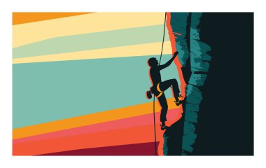Siluetli dağcı, tepeden tırmanan canlı günbatımı arkaplanı. Kaya tırmanışı ekstrem spor macera silueti. Dağcı renkli gökyüzüne karşı güvenli halat etkinliği