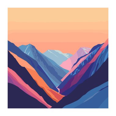 Dağ manzarası resimli günbatımı renkleri. Soyut doğa manzarası canlı renkler vadileri doldurur. Modern minimalist dağ aralığı renkli sanat eserleri