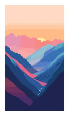 Gün doğumunda soyut dağ manzarası. Gün batımının canlı renkleri. Değişen renkler pembe, mor, mavi turuncu gökyüzünü, zirveleri, vadileri temsil ediyor. Modern minimalist vektör sanat eseri doğa manzarası