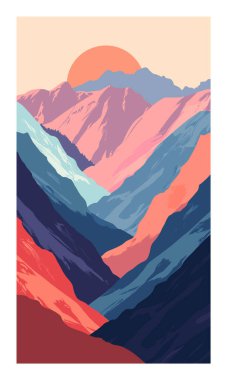Sunrise Sunrise Sunset 'teki stilize vektör çizimi dağ manzarası. Pembe, turuncu, mavi, soyut doğa sahnelerini kullanarak canlı bir renk paleti. Sanatsal temsil dağları, güneş, açık hava