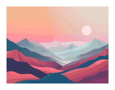 Gün batımında Geometrik stil dağ sırası. Katman dağları. Renkli gölgeler. Pembe, mor, mavi. Açık gökyüzü yumuşak eğimli büyük güneş