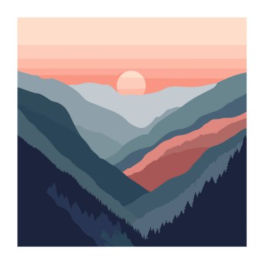 Sunset behind mountains creating layers silhouettes. Varying shades blues reds dominate color palette, evoking tranquil scene. Clear sky transitions warm cool hues clipart