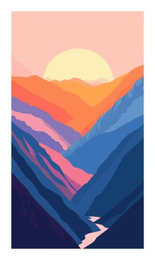 Gün batımında katmanlı tepelerin serin renklerini tasvir eden renkli bir dağ silsilesi. Gradyan dağları, pastel pembe gökyüzü, tepeden bakan güneş. Sanatsal dağ manzarası, grafik tasarımı