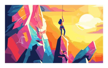 Kadın gün batımına tırmanıyor, macera tırmanışı, ekstrem spor konsepti. Dişi tırmanışçı, yükselen kaya zirvesi, renkli açık hava sanat aktivitesi. Atletik kişi kaya tırmanışı ve başarıdan hoşlanır.