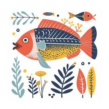 Renkli balık illüstrasyonu küçük balıkları çevreledi. Sanatsal balık tasarımı desenleri okyanus florası canlı renkler. Çizgi film dekoratif unsurlar doğa motifleri, ideal çocuk kitapları.