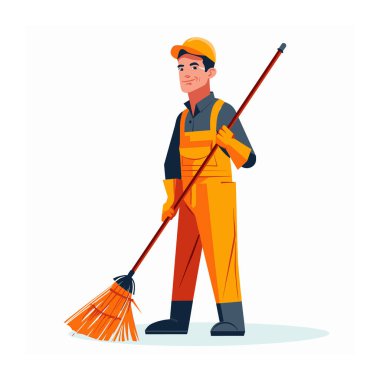 Süpürge tutan, kendine güvenen, turuncu gri üniformalı erkek hademe çizgi film karakteri. Genç temizlik ekipmanları, bakım işleri, vektör illüstrasyon servisi çalışanı