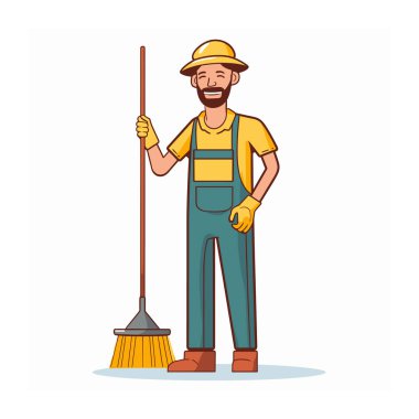 Sırıtkan erkek hademe çizgi film karakteri elinde süpürge, sarı gömlek, mavi tulum, güvenlik eldiveni, sert şapka. Dost canlısı temizlik personeli çizimi, profesyonel temizlik hazır. Çizgi film