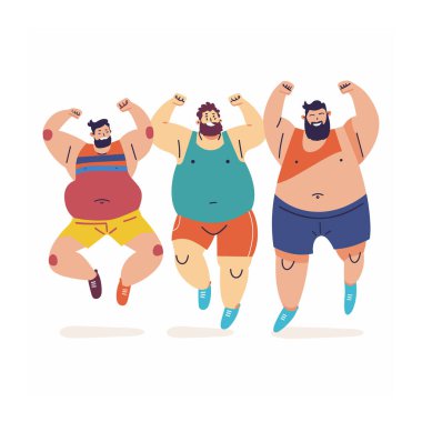 Üç iri adam neşeyle dans ediyor, yüzlerinde mutluluk ifadesi var. Farklı vücut şekilleri, ünlü neşeli dans, renkli atletik giysiler, hareketlerini güçlendiriyor. Vücut