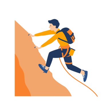 Adam dağa tırmanıyor, macera sporu yapıyor, kaya tırmanışçıları uçuruma tırmanıyor. Tırmanış takımları, odaklanmış, kararlı tırmanış, açık hava aktivitesi. Genç erkek kaya tırmanıcısı, koşum takımı, sırt çantası, güvenlik ipi