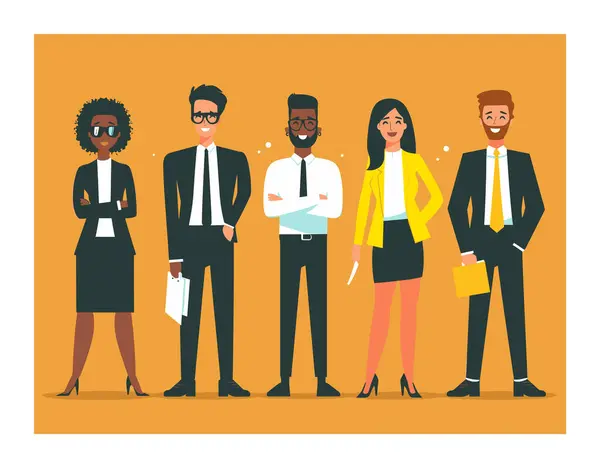 stock vector Group diverse business professionals standing confidently. Illustration features men women different ethnicities business attire. Characters exude professionalism teamwork office setting