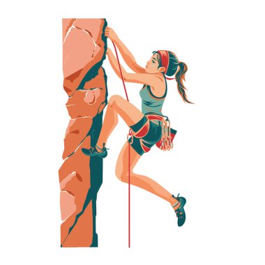 Dişi tırmanıcı dik kaya yüzeyine tırmanıyor, ip emniyet kemeri kullanarak odaklanıyor. Atletik kadın ekstrem kaya tırmanışı sporu yapıyor, kısa kollu tişört giyiyor, güç gösterisi yapıyor. İzole edilmiş