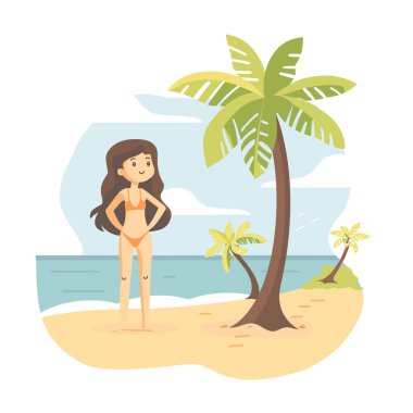 Palmiye ağaçlarının altında güvenle duran genç bir kadın tropikal manzaranın tadını çıkarıyor ve gülümsüyor. Çizgi film karakteri, kumsalın berrak gökyüzü, tatil konsepti, sakin deniz manzarası. Kadın.