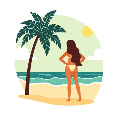 Palmiye ağacının yanında duran kadın okyanusa bakıyor. Dişi bikini güneşin altında tropikal deniz kenarından zevk alır. Plaj tatili, tatil keyfi, seyahat yeri konsepti.