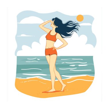 Genç bir kadın güneşli plaj gününün tadını çıkarıyor, ayakta duran bir mayo, dalgalı bir deniz esintisi. Rahat kadın plaja giden turuncu bikinili, güneşli bir deniz kenarında berrak bir gökyüzü. Tasasız yaz tasviri