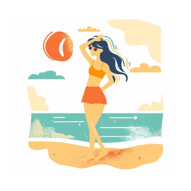 Plajdan hoşlanan genç bir kadın, mayo giyiyor, güneş gözlüğü takıyor, plaj topu oynuyor, yaz sahnesi. Kadın karakter deniz kenarı tatili, günlük tatil kıyafeti, turuncu mavi, stilize dalgalar. Çizgi film stili bayan.