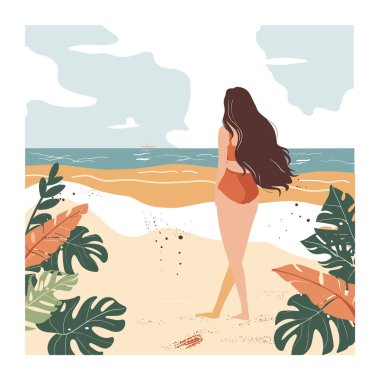 Kumsalda yürüyen genç bir kadın deniz manzarasına hayran, uzun saçlı. Tropik kumlu, kumlu, huzurlu bir sahil atmosferi, yaz tatili. Kadın mayosu deniz kenarında, sakin okyanus ufkunun keyfini çıkarıyor.