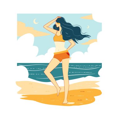Kumsaldan hoşlanan genç bir kadın, uzun siyah saçlar, turuncu bikini giyiyor, çıplak ayaklı kum üzerinde yürüyor. Kadın modelin pozu deniz, şık yaz mayosu, altın saat ışığı. Plaj tatili sahnesi, tasasız