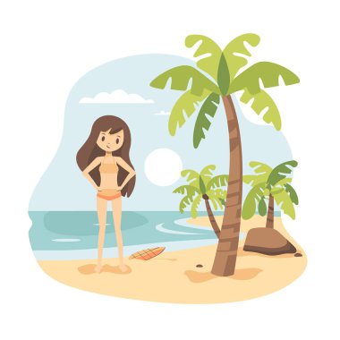 Palmiye ağaçlarının altında kumlu sahilde duran genç bir kadın bikini giyiyor, güneşli tropik bir ortam. Vector Illustrasyon kadın karakteri deniz kenarında tatilin tadını çıkarıyor, yakınlarda sörf tahtası var. Kumsal sahnesi gülümsüyor