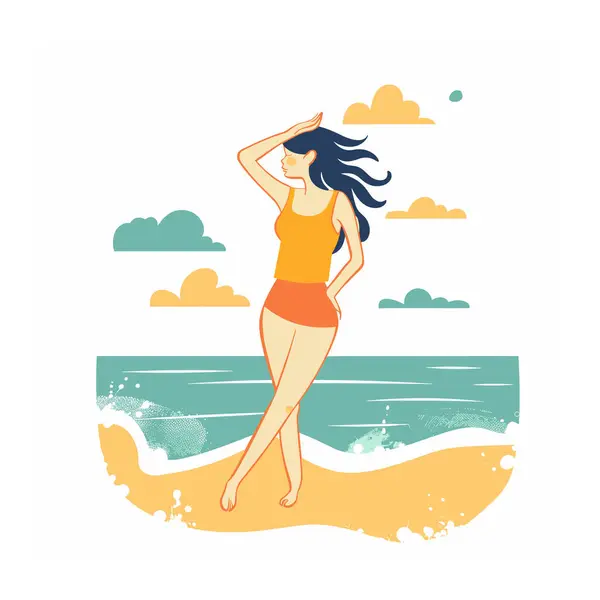 stock vector Woman standing beach looking away, hand forehead, hair blowing, casual summer attire. Young female dark hair enjoying seaside, waves sun, relaxed pose. Illustration carefree beachgoer coastal