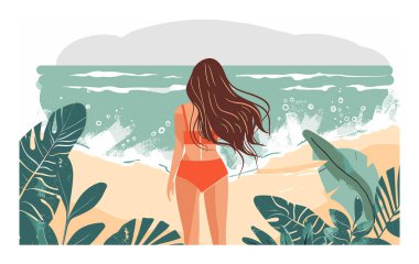 Arkadaki kadın kumlu sahilde dikilmiş, denize bakıyor, uzun dalgalı saçları var, kırmızı bikini giyiyor. Tropik yapraklar kumsal sahnesini temsil ediyor. Huzur tatilini sembolize ediyor. Sakin dalgalar, okyanus spreyi, pastel renkler