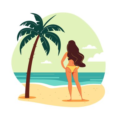 Palmiye ağacının altında duran bir kadın okyanus manzaralı, tropik plaj tatilini rahatlatıyor. Dişi turuncu bikini sakin deniz manzarasının tadını çıkarıyor, sakin seyahat tatili konsepti. Beyaz kadın uzun saçlı, kumlu kıyıya yakın.