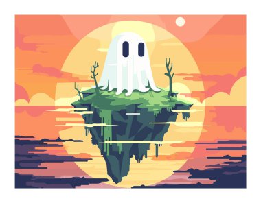 Gerçeküstü manzara üzerinde uçan hayalet, kaprisli sahne, gün batımı canlı renkler. Yüzen adanın üstündeki hayalet illüstrasyonu, dingin alacakaranlık arkaplanı. Ürkütücü karakter, huzurlu ülke, turuncu mor