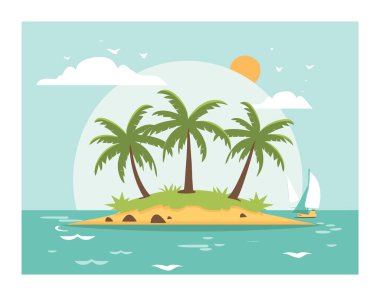Tropik ada palmiye ağaçları dingin okyanus yelkenlisi güneşli gün tatili konsepti. Huzurlu ada vahası macera yelkenlisi seyahat rahatlama egzotik varış noktası. Çizgi film tarzı tropikal plaj okyanusu