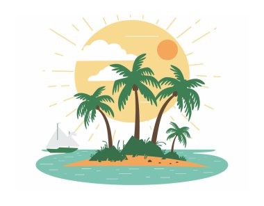 Büyük güneşin altında tropik ada palmiyeleri, sakin bir denizde yüzen yelkenli, sakin bir tatil yeri. Düz tasarım, minimalist stil, okyanus kaçamağı, güneş ışığında tropikal kaçış. Canlı renkler, sakin plaj.
