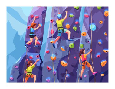 Üç dağcı tırmanma duvarına tırmanıyor, kaya tırmanışı pratiği yapıyor. Çeşitli gruplar spor, teçhizatlı miğferler, emniyet kemerleri, ipler. Ekstrem sporlar yapan atletik bireyler, renkli duruşlar