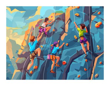 Kapalı alan kaya duvarına tırmanan dört dağcı tırmanma sporu faaliyetlerine girişiyor. Çeşitli gruplar, spor kıyafetleri, koşumlar, ipler, kararlılık. Renkli illüstrasyon, tırmanma salonu, takım çalışması macerası