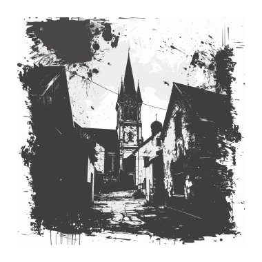 Grunge tarzı siyah beyaz çizim. Gotik kilise kulesine çıkan eski Avrupa sokağı. Bulutlu gökyüzünün altındaki eski binalar arasındaki dar sokak, tarihi bir mekan olduğunu gösteriyor. Eski, sıkıntılı