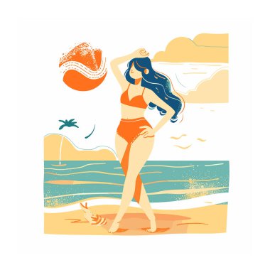 Sahilde eğlenen genç bir kadın tasviri, güneşli bir yaz günü, boş zaman. Turuncu bikini giyen kadın karakter, kaygısız tatil havası, deniz manzarası. Tatil sahnesini tasvir eden şık sanat eserleri.