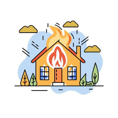Ev yangını, çatıdan çıkan alevler, acil durum, tehlike konsepti, renkli basit bir illüstrasyon. Konut yangını, felaket teması, ev sigortası, canlı bir daire.