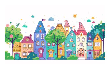 Renkli karikatür evleri, kaprisli mimari, canlı renkler, peri masalı şehir manzarası, ağaçların güneşi. Tuhaf şehir çizimleri, eğlenceli meskenler, hikaye kitabı sahneleri, canlı yeşillikler. Fantezi
