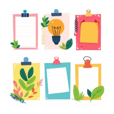 Koleksiyon renkli notlar ataç yaprağı, yaratıcı fikir ampulü, boş alanlar metni. Parlak, neşeli renk düzeni, etrafındaki not defterleri, doğa ofisi konsepti. Ofis kağıtları, fikir.