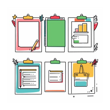 Grafik, onay kutuları, metin satırları gibi farklı veri gösterimlerini gösteren renkli pano vektör çizimleri. Not unsurları süslemeli yapraklar yazma gereçleri, dizayn edilmiş minimalist düz