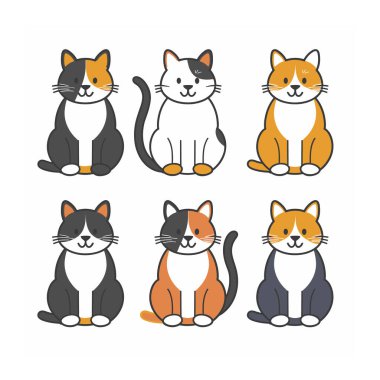 Altı sevimli çizgi film kedisi oturuyor, gri, beyaz, turuncu, izole edilmiş beyaz arka plan da dahil olmak üzere çeşitli renkler. Çizgi film kedileri, gülen ifadeler, basit tasarım, evcil hayvan çizimleri. Oyuncu ayarla