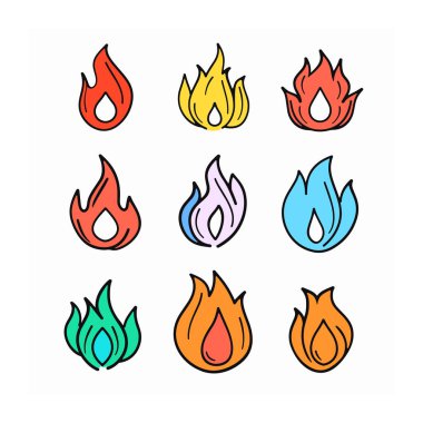 Koleksiyon renkli alev simgeleri, çeşitli ateş şekilleri, izole edilmiş grafik elementler. Farklı şekillendirilmiş ateş sembolleri, çizgi film alevleri, canlı renkler, tasarım seti dekorasyonu