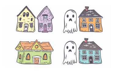 Dört sevimli karikatür evi, içinde tuhaf ifadeler barındıran iki hayalet barındırıyordu. El yapımı evler hayaletler, mükemmel çocuk kitapları çizimleri. Pastel renkler, tuhaf mimari, dost canlısı hayalet.