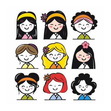 Dokuz çizgi film kadın karakteri, farklı saç şekilleri aksesuarlar, gülen yüzler. Karakterler çeşitli saç renklerini, çiçekleri, saç bantlarını, kültürel kıyafetleri, çeşitliliği gösteriyor. Görüntü kullanımı