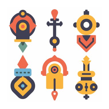 Stili deniz sembollerini temsil eden renkli düz vektör simgelerini ayarlayın. Simgeler arasında çapalar, tekerler, yön bulma elementleri sarı, kırmızı, mavi. Grafik tasarım varlıkları deniz, navigasyon