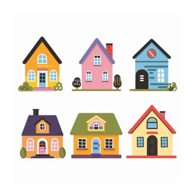 Koleksiyon karikatür evleri renkli banliyö kulübeleri konut binaları. Çeşitli tasarım ön cepheler canlı renkler çimen pencere kapıları çatılar
