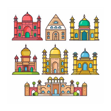 Renkli çizimler ünlü Hint simgeleri canlı bir mimari sergiliyor. Hint kültür mirasını temsil eden, sanatsal yapıların detaylı çizimleri. Çizgi film tarzı anıtlar