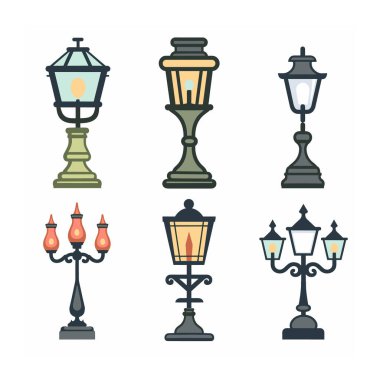 Altı vektör illüstrasyon sokak lambaları farklı stillerde. Klasik modern sokak lambaları klasik renkli yumuşak pastel gölgeler içerir. İdeal grafik tasarım konuları kentsel ışıklandırma, tarihi
